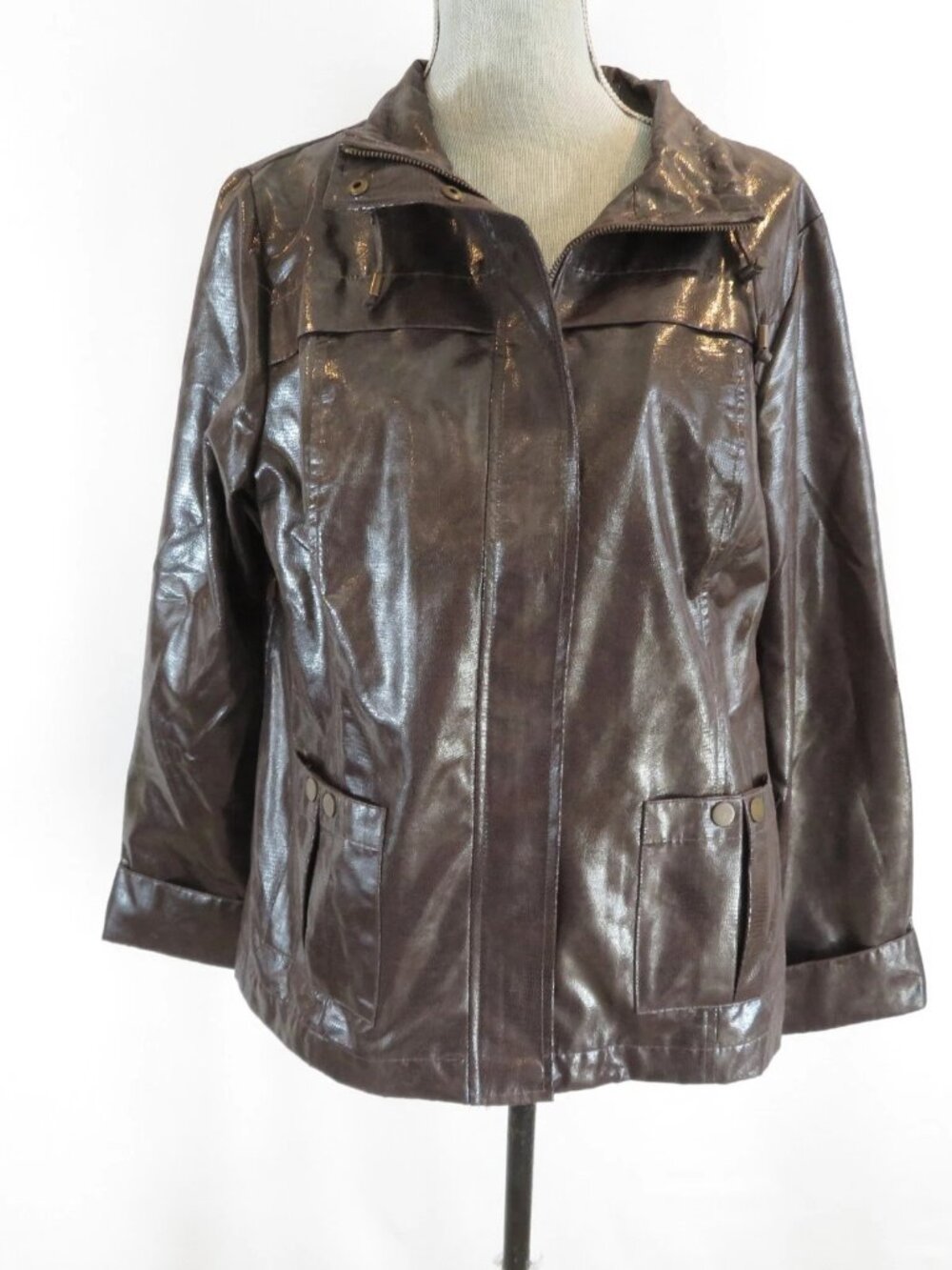 Chico's Zenergy Jacket Size 2 L 12 Brown Faux Crocodile Leather Zipper Pockets